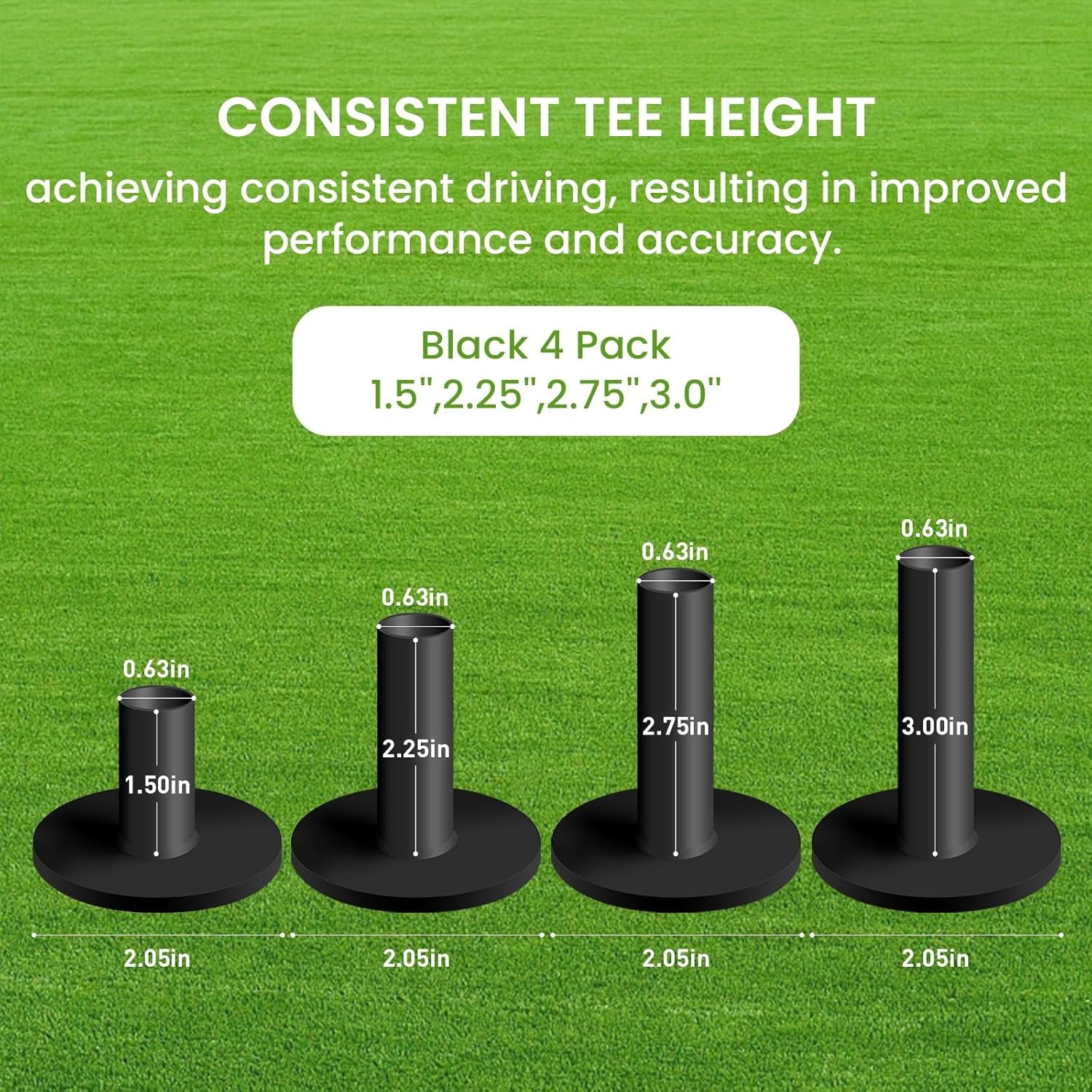 Golf Rubber Tees Driving Range Value 3/4 Pack, Mixed or Same Size 1.5’’ 2.25’’ 2.75’’ 3’’ for Durable Practice Mat Holds Ball Well