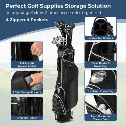 Golf Stand Bag, 4 Way Divider Golf Bag with 4 Zippered Pockets, Cooler Bag, Rain Hood & Padded Shoulder Strap, Lightweight Portable Pitch N Putt Golf Clubs Bag for Men/Women